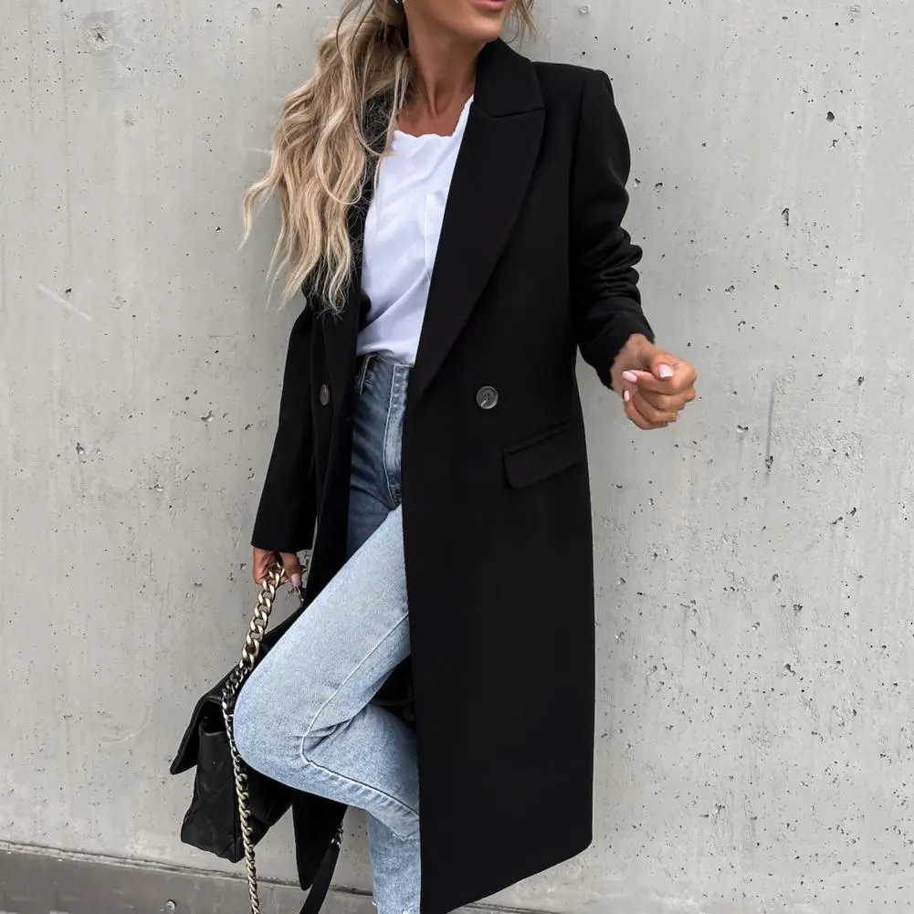 Women Coat Elegant Long Female All Match Long Sleeve Button Placket Winter Overcoat Suit Collar Long Trench Coat