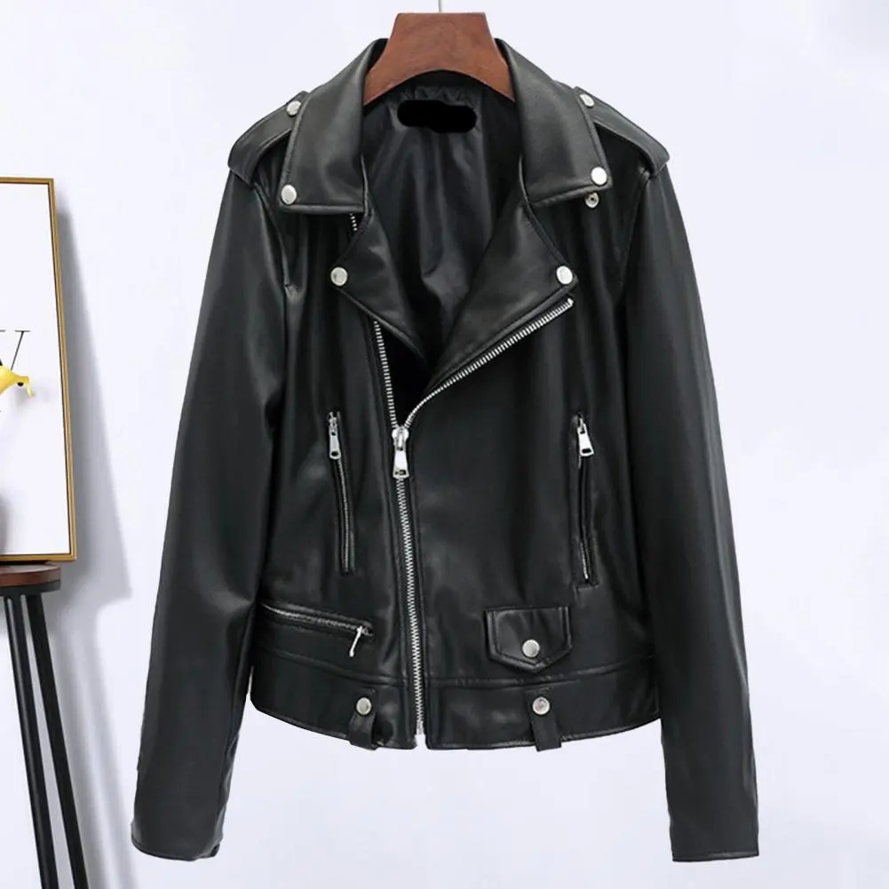 Women Jacket Faux Leather Turn-down Collar Zip-up Zipper jackets Long Sleeves Motorcycle Jacket Coat Travel Motor Outerwear