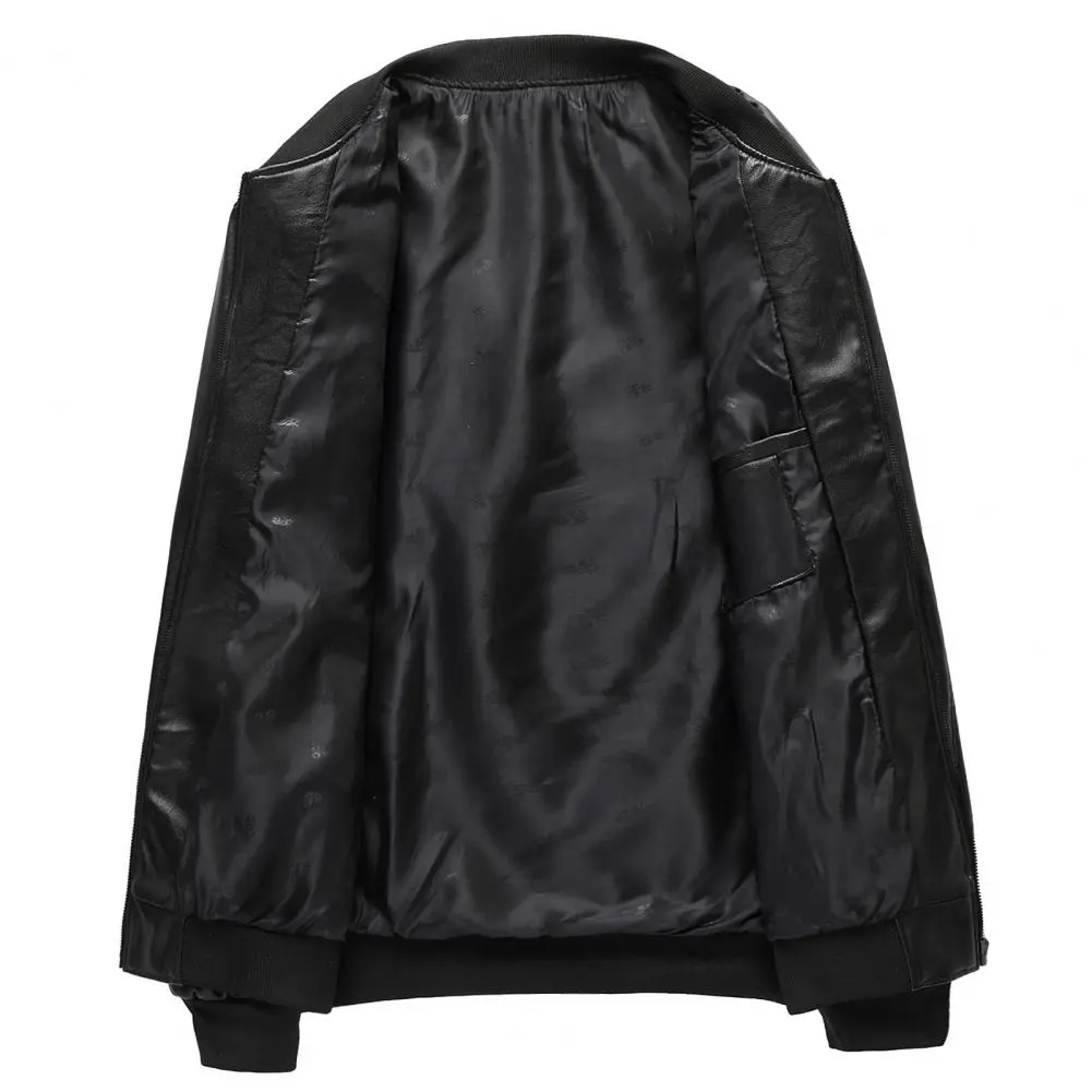 Soft Warm Men Jacket Regular Fit Men Jacket Stylish Men's Faux Leather Jacket Warm Stand Collar Zipper Pockets for Autumn