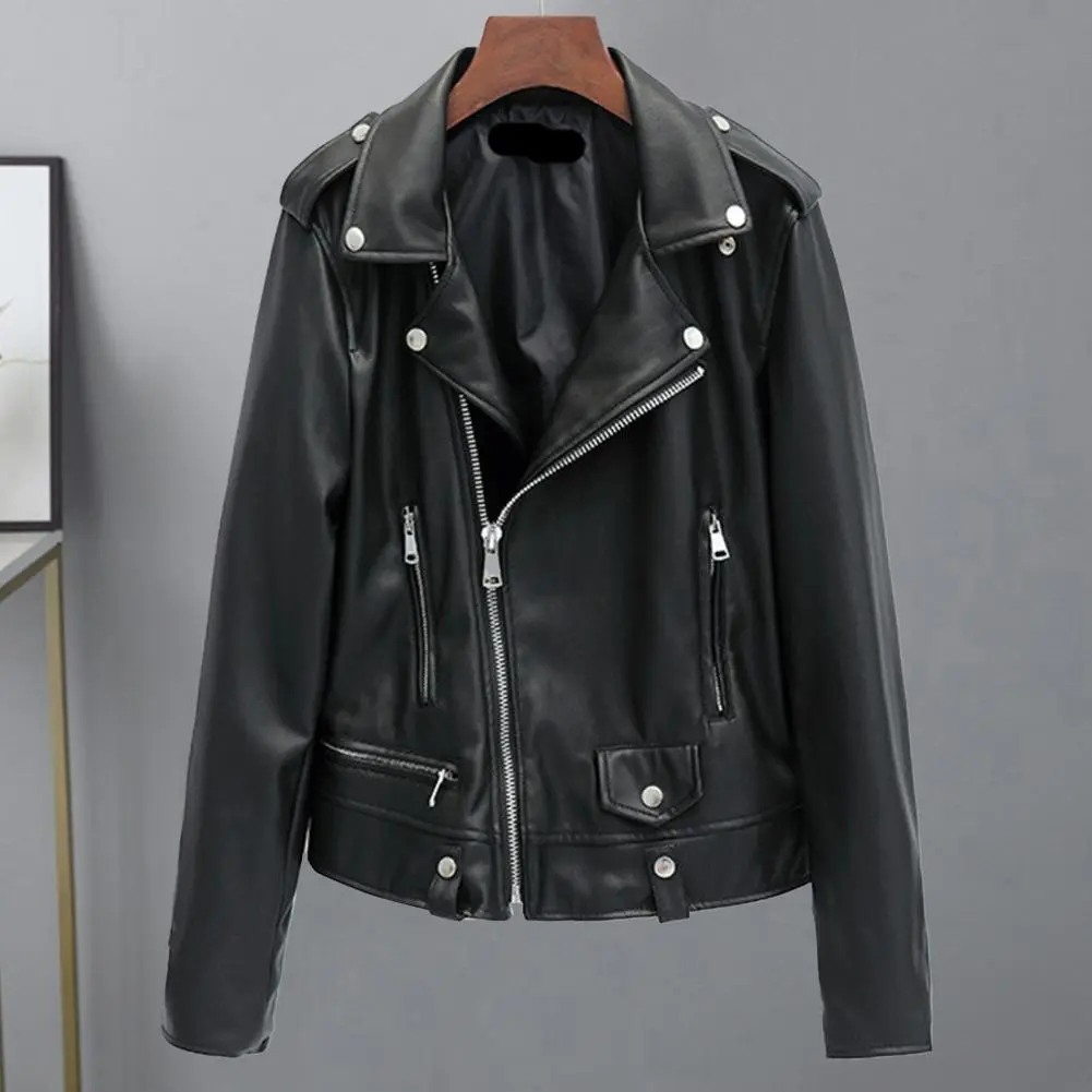 Women Jacket Faux Leather Turn-down Collar Zip-up Zipper jackets Long Sleeves Motorcycle Jacket Coat Travel Motor Outerwear