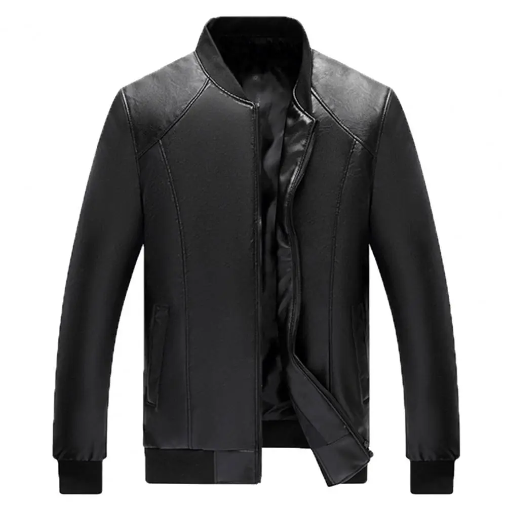Soft Warm Men Jacket Regular Fit Men Jacket Stylish Men's Faux Leather Jacket Warm Stand Collar Zipper Pockets for Autumn