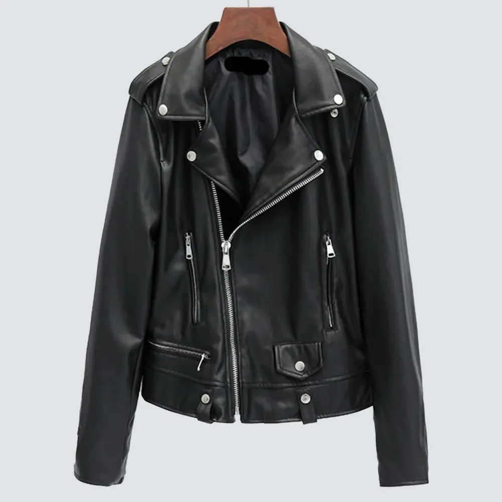 Women Jacket Faux Leather Turn-down Collar Zip-up Zipper jackets Long Sleeves Motorcycle Jacket Coat Travel Motor Outerwear