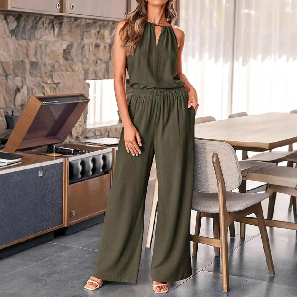 Retro Brick Red Women Cotton Linen Two-piece Set Casual Sleeveless Halter Blouse Top Wide Leg Pants Set Summer Lounge Suit