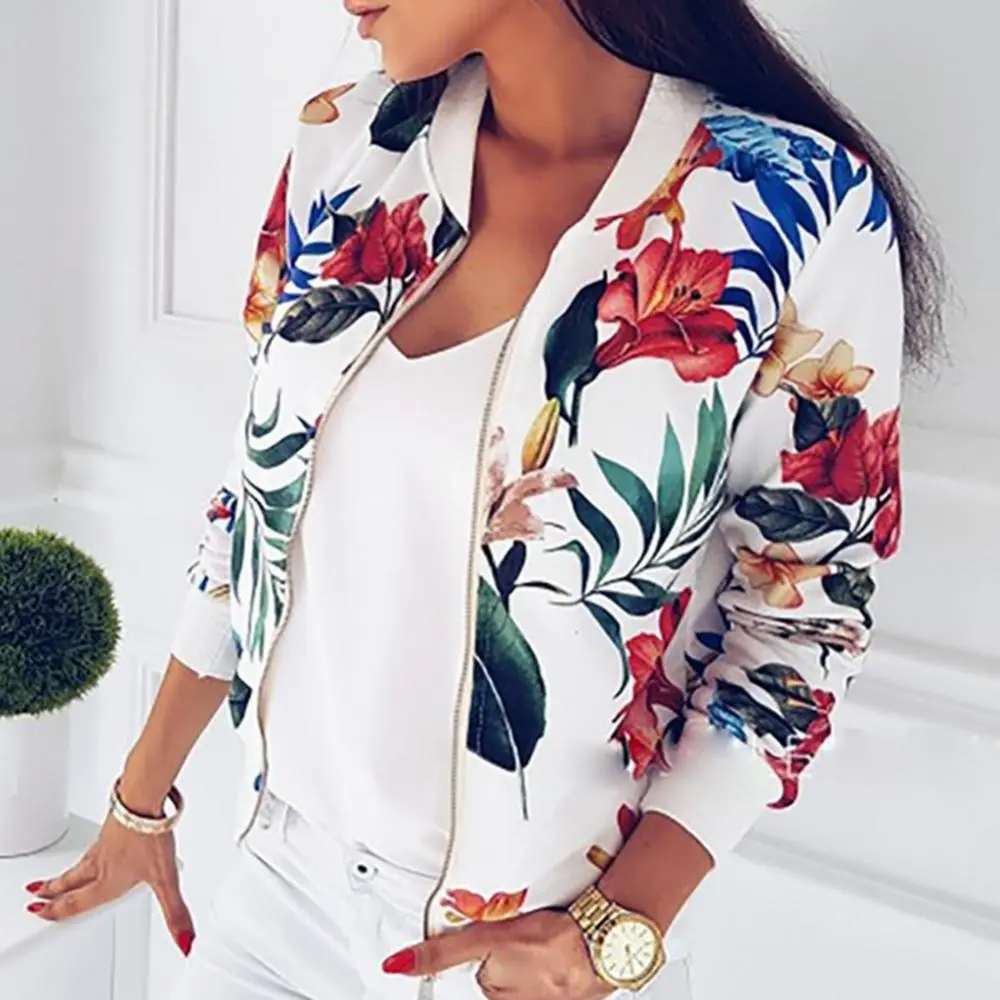 Women Jacket Elegant Flower Leaves Print Sports Women Long Sleeve Baseball Jacket Zip Coat Autumn BomberJackets Women Clothing