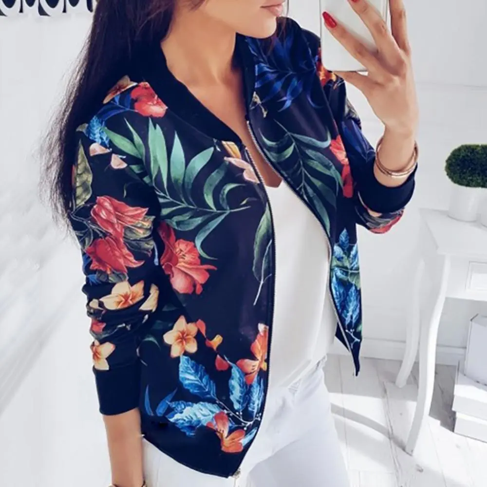Women Jacket Elegant Flower Leaves Print Sports Women Long Sleeve Baseball Jacket Zip Coat Autumn BomberJackets Women Clothing