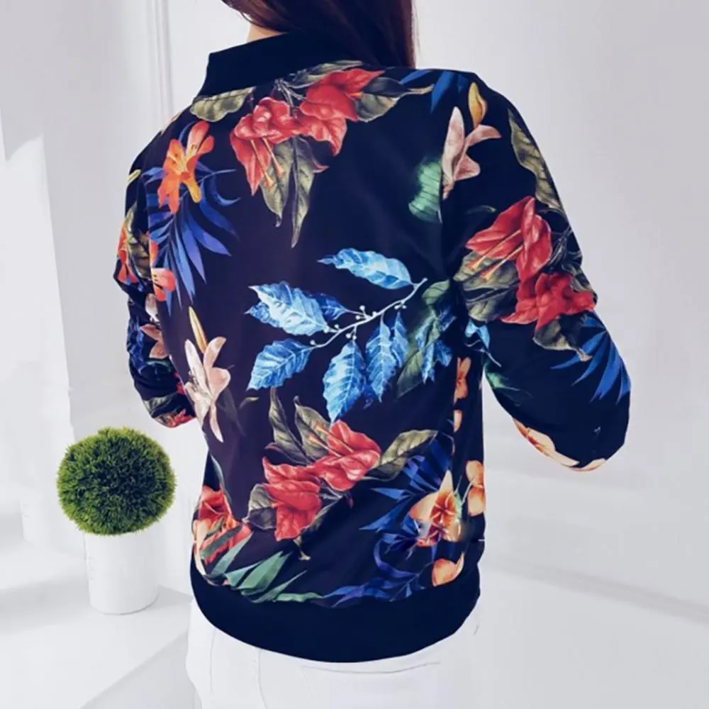 Women Jacket Elegant Flower Leaves Print Sports Women Long Sleeve Baseball Jacket Zip Coat Autumn BomberJackets Women Clothing