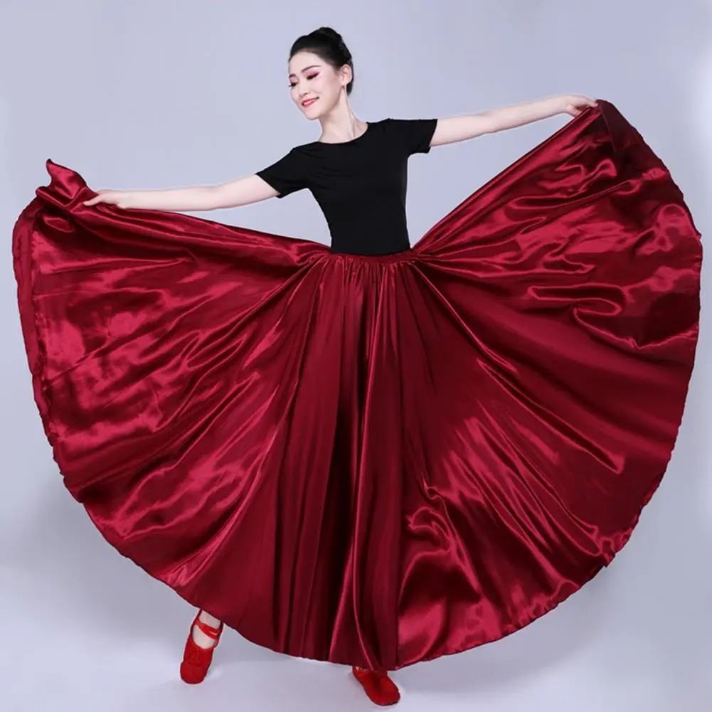 2025 Long Spanish Skirt Women Performance Belly Dance Skirt High Elastic Waist Pleated Super Big Hem Satin Pleated Maxi Skirts