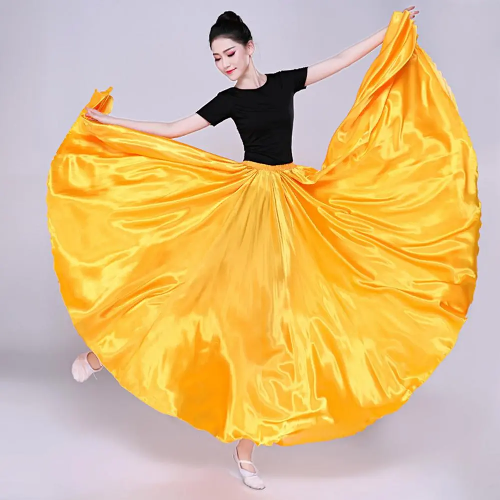 2025 Long Spanish Skirt Women Performance Belly Dance Skirt High Elastic Waist Pleated Super Big Hem Satin Pleated Maxi Skirts