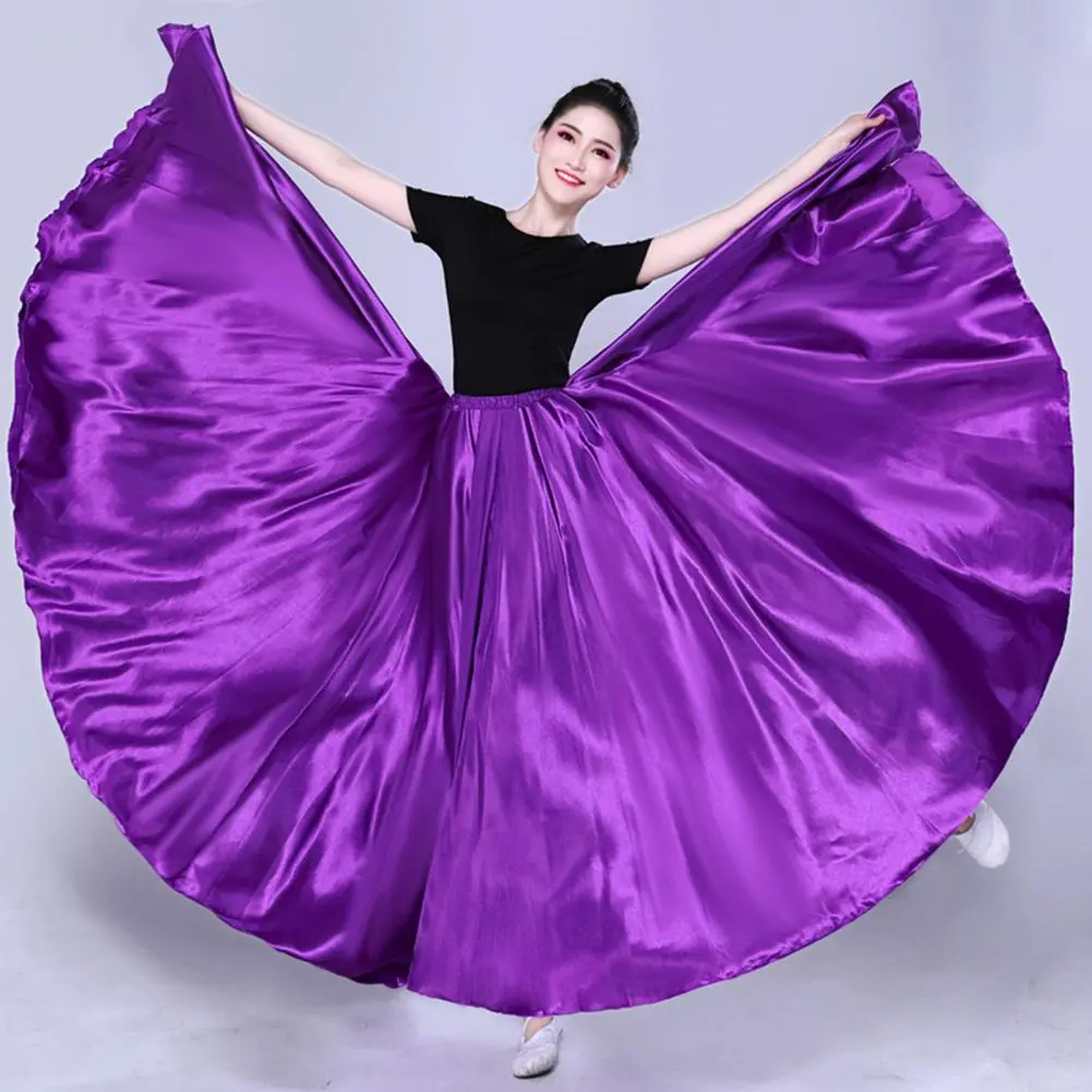 2025 Long Spanish Skirt Women Performance Belly Dance Skirt High Elastic Waist Pleated Super Big Hem Satin Pleated Maxi Skirts