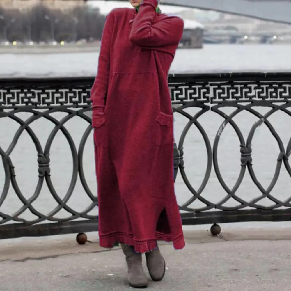 Women Sweater Dress Vintage Sexy Knit O Neck Split Dress Autumn Winter Long Sleeve Lacework Hem Plus Size Knitted Maxi Dress