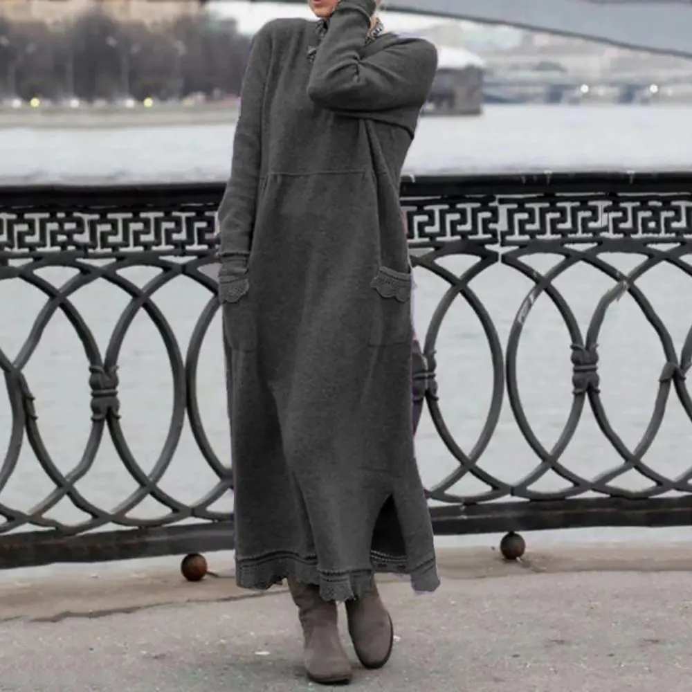 Women Sweater Dress Vintage Sexy Knit O Neck Split Dress Autumn Winter Long Sleeve Lacework Hem Plus Size Knitted Maxi Dress