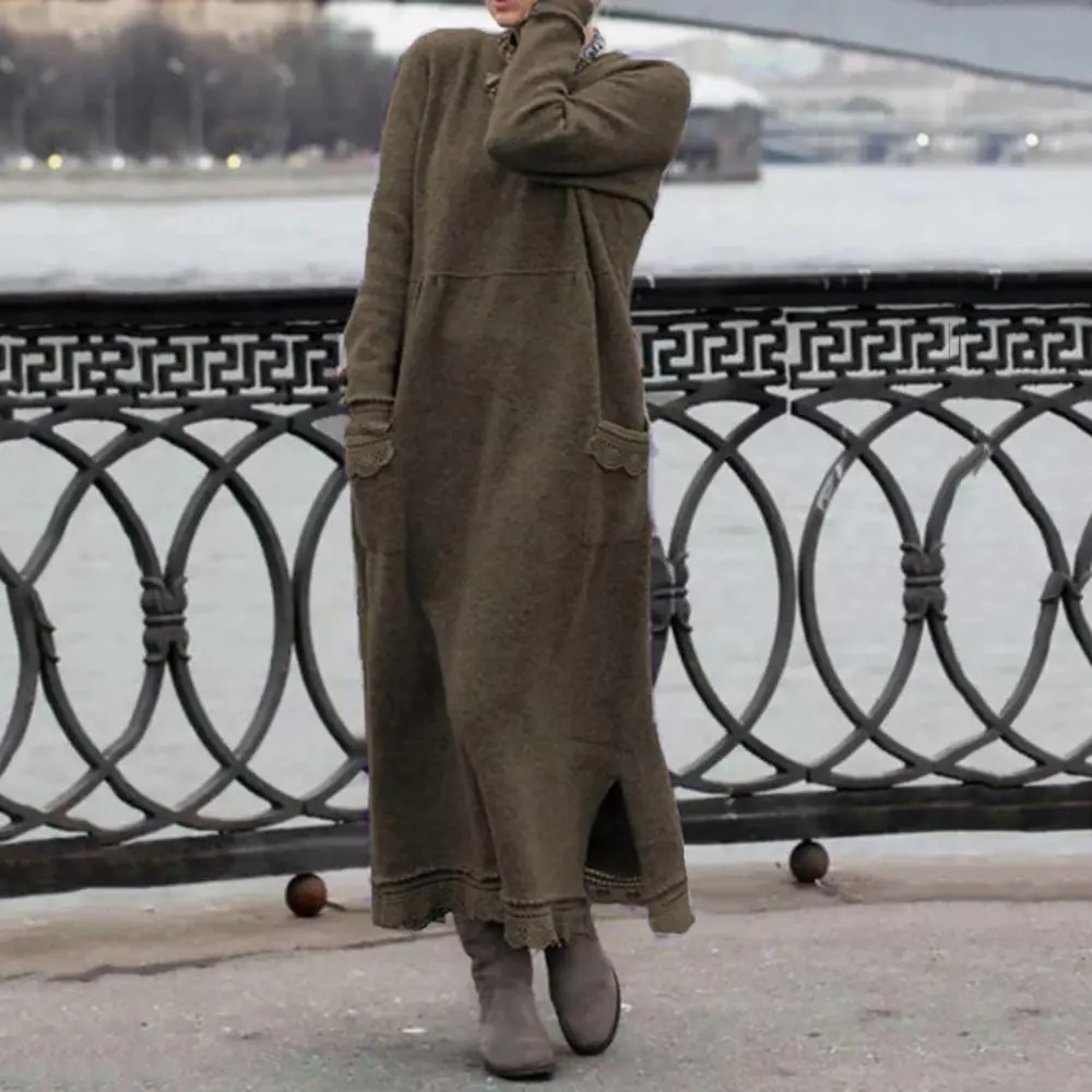 Women Sweater Dress Vintage Sexy Knit O Neck Split Dress Autumn Winter Long Sleeve Lacework Hem Plus Size Knitted Maxi Dress