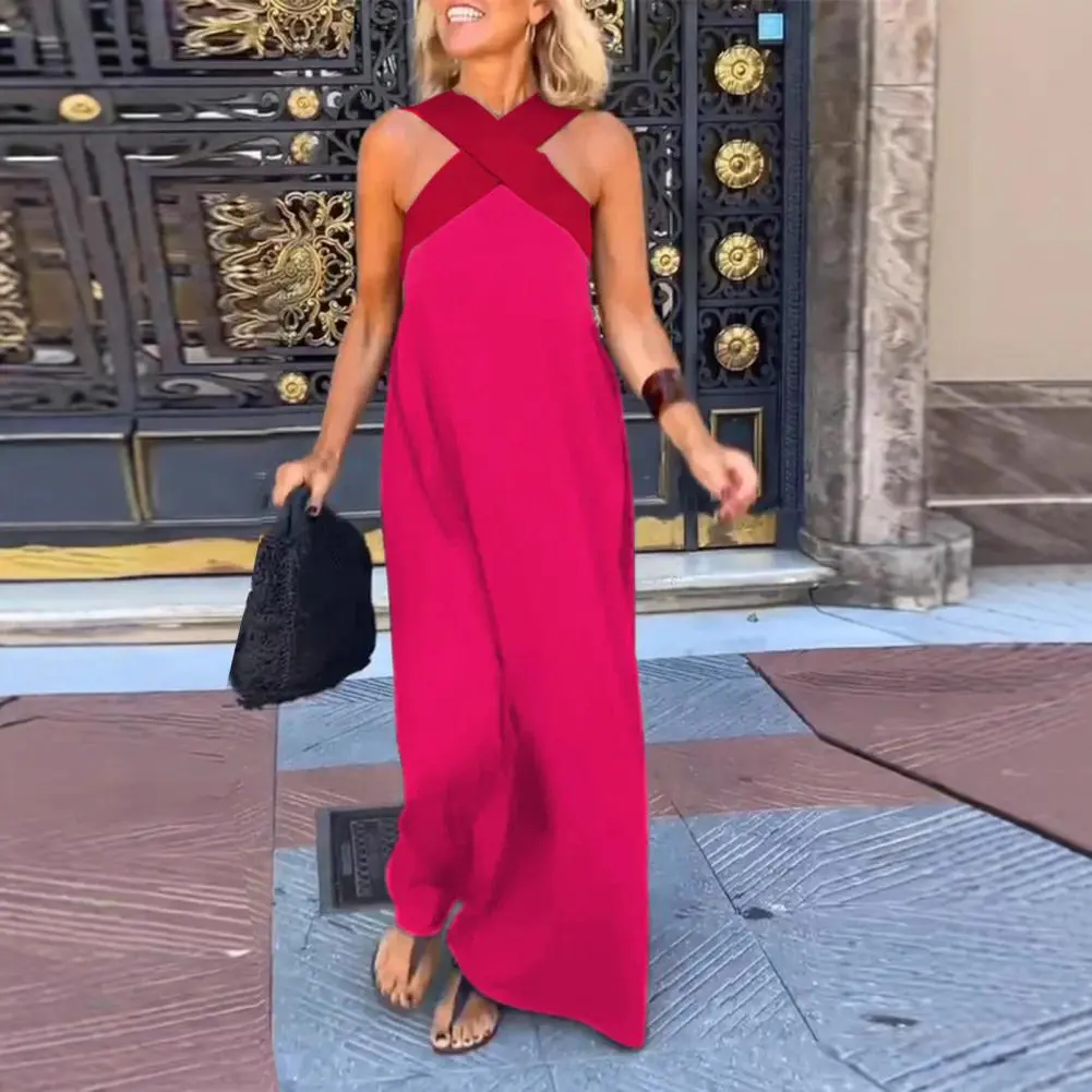 Female Beach Dress Cross Halter Neck Sleeveless Dress Summer Sexy Backless A Line Maxi Dress Off Shoulder Boho Long Dresses
