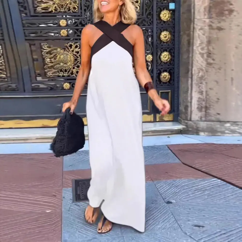 Female Beach Dress Cross Halter Neck Sleeveless Dress Summer Sexy Backless A Line Maxi Dress Off Shoulder Boho Long Dresses