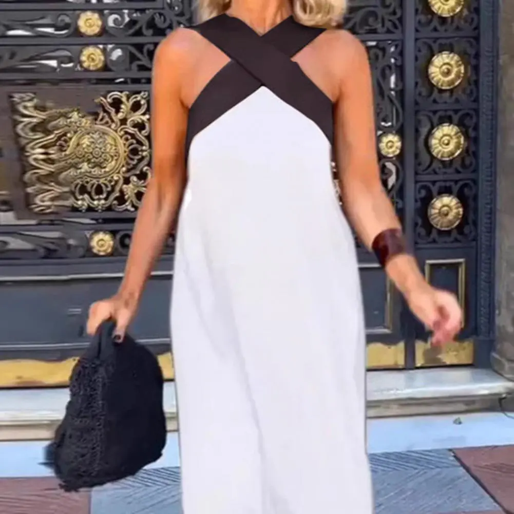 Female Beach Dress Cross Halter Neck Sleeveless Dress Summer Sexy Backless A Line Maxi Dress Off Shoulder Boho Long Dresses