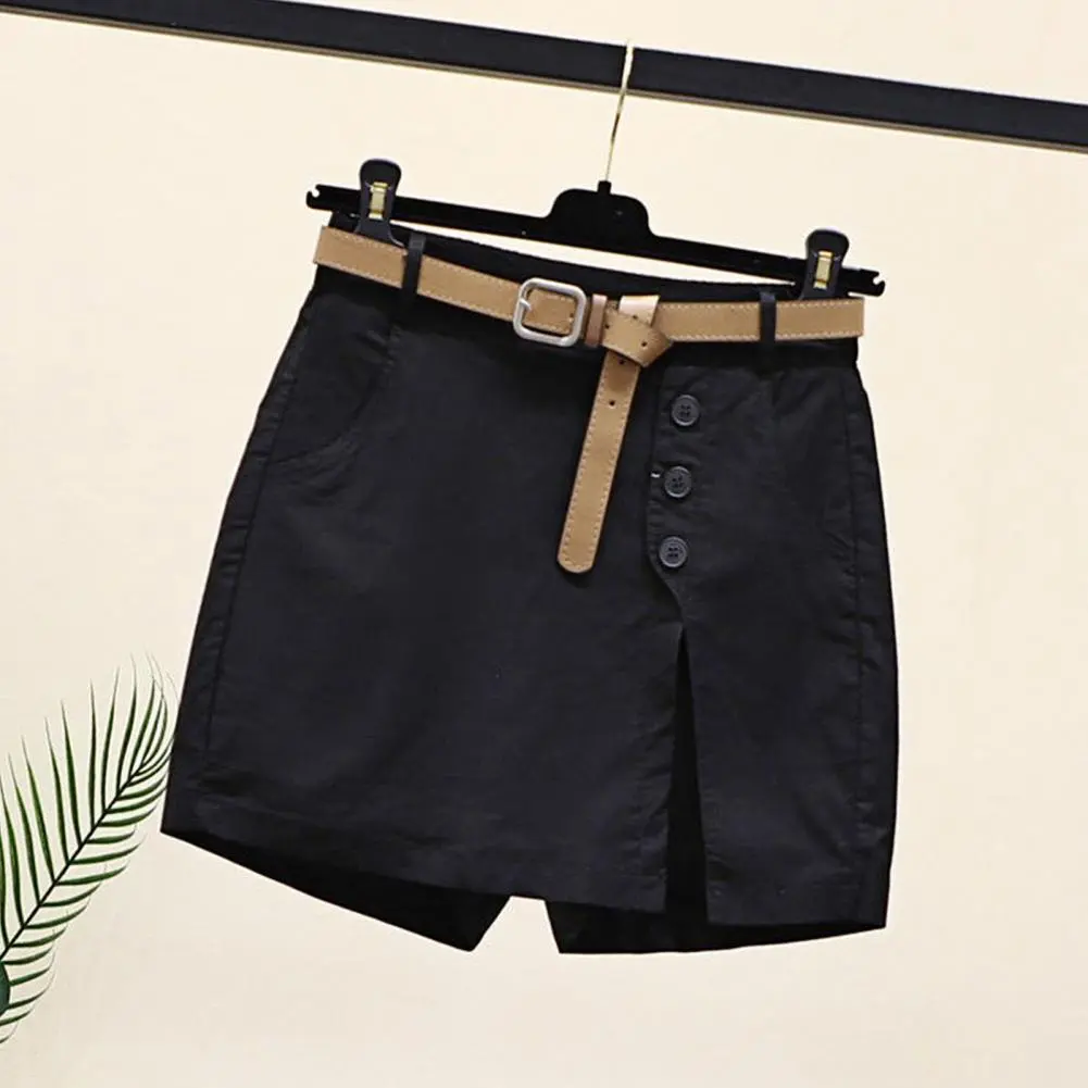 Fake Two Piece Shorts Button Decor Side Split High Waist Shorts Above Knee Length Pockets Straight Leg Female Summer Shorts