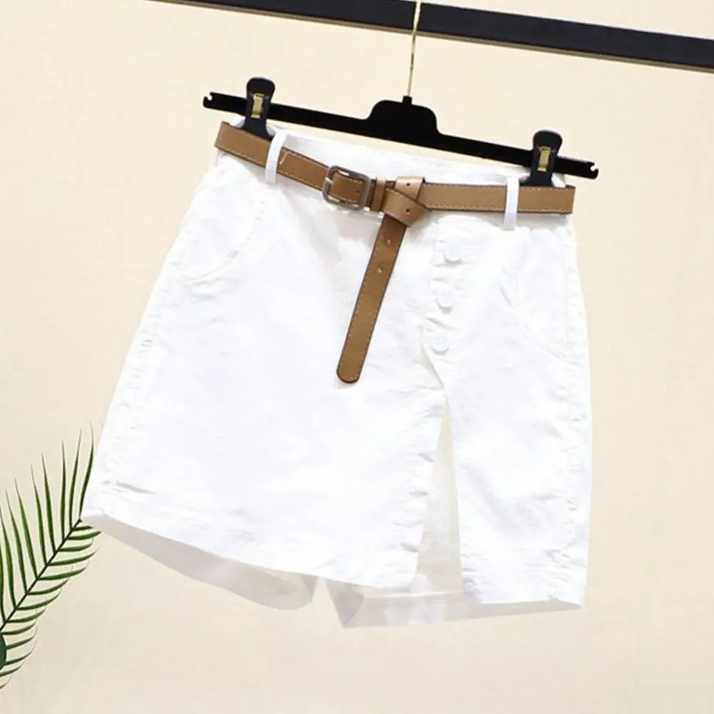 Fake Two Piece Shorts Button Decor Side Split High Waist Shorts Above Knee Length Pockets Straight Leg Female Summer Shorts