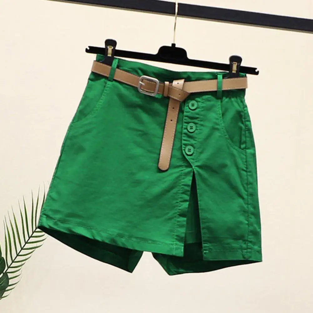 Fake Two Piece Shorts Button Decor Side Split High Waist Shorts Above Knee Length Pockets Straight Leg Female Summer Shorts