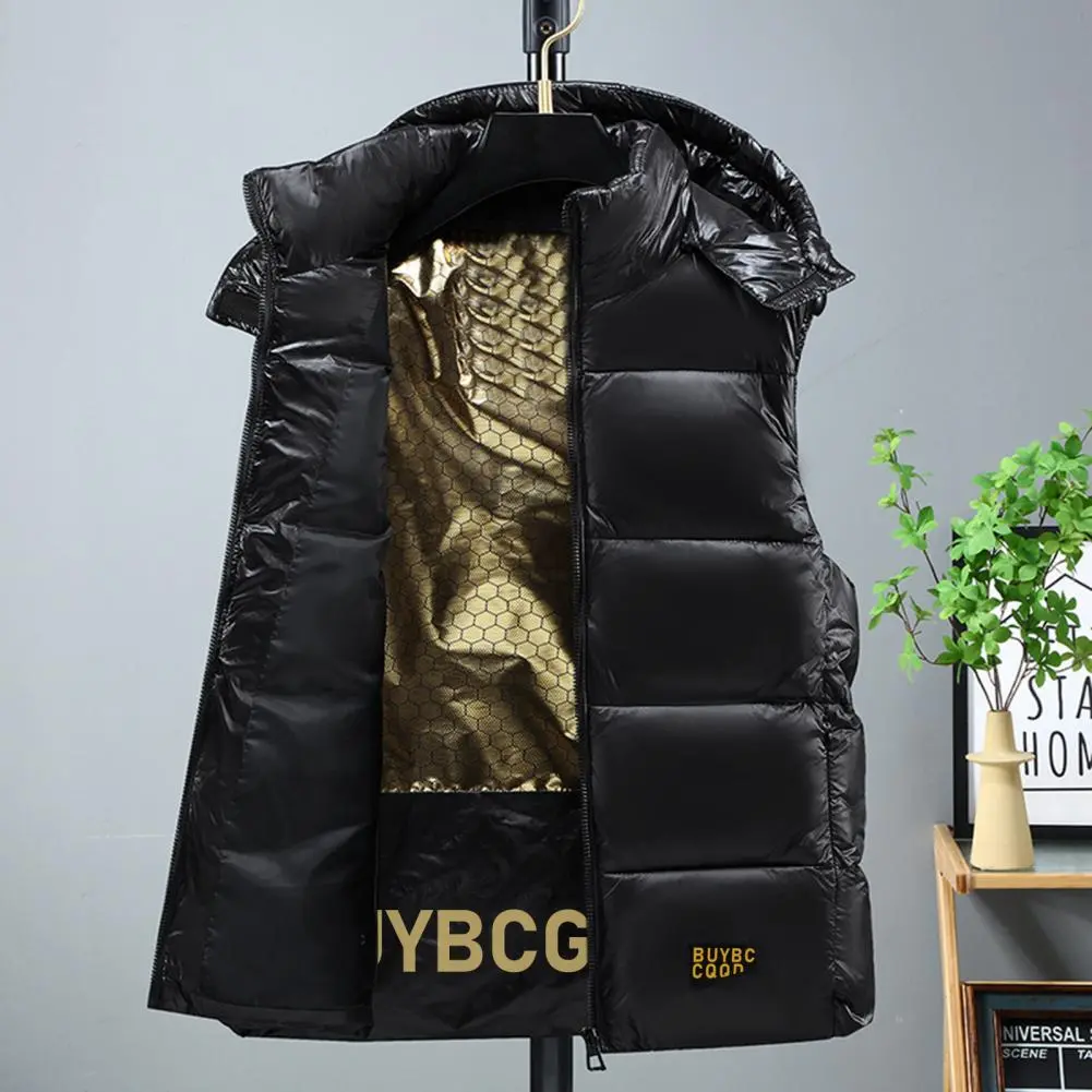 Men Hooded Vest Coat Lapel Zipper Winter Cotton Padded Vest Sleeveless Jacket Black Golden Color Down Vest Male Casual Waistcoat