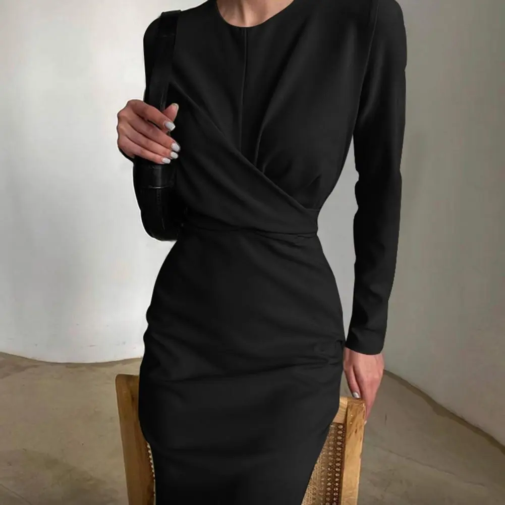 Women Sheath Dress Solid Color Casual Straight Slim Pencil Dress Office Lady Long Sleeve Tight Waist Draped Autumn Long Dress