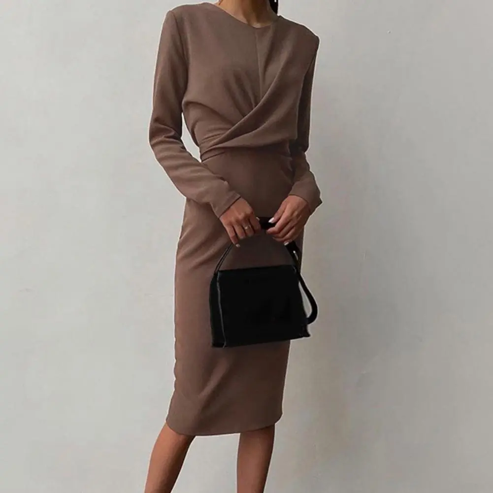 Women Sheath Dress Solid Color Casual Straight Slim Pencil Dress Office Lady Long Sleeve Tight Waist Draped Autumn Long Dress