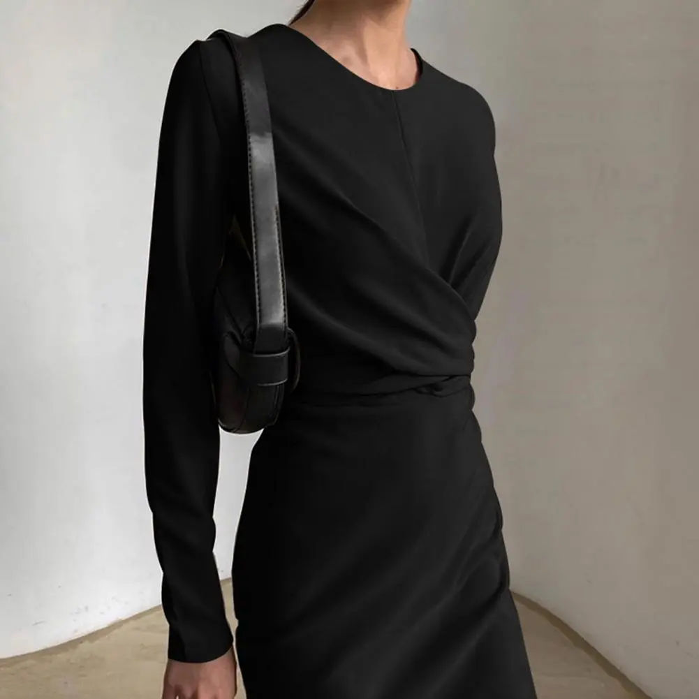 Women Sheath Dress Solid Color Casual Straight Slim Pencil Dress Office Lady Long Sleeve Tight Waist Draped Autumn Long Dress