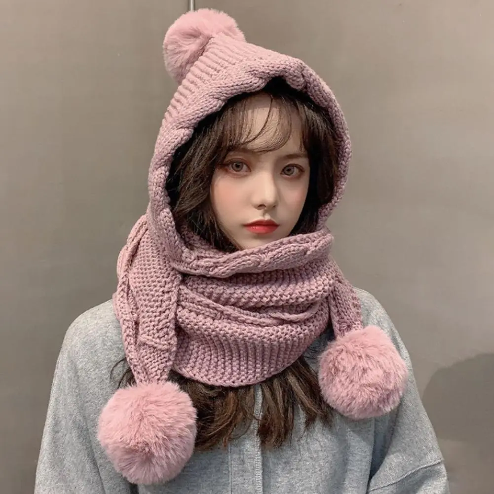 Twist Trim Knitted Scarf Hat Women Novelty Beanies Caps Plush Balls Decor Scarf Hat Casual Plush Hat Windproof Women Winter Caps