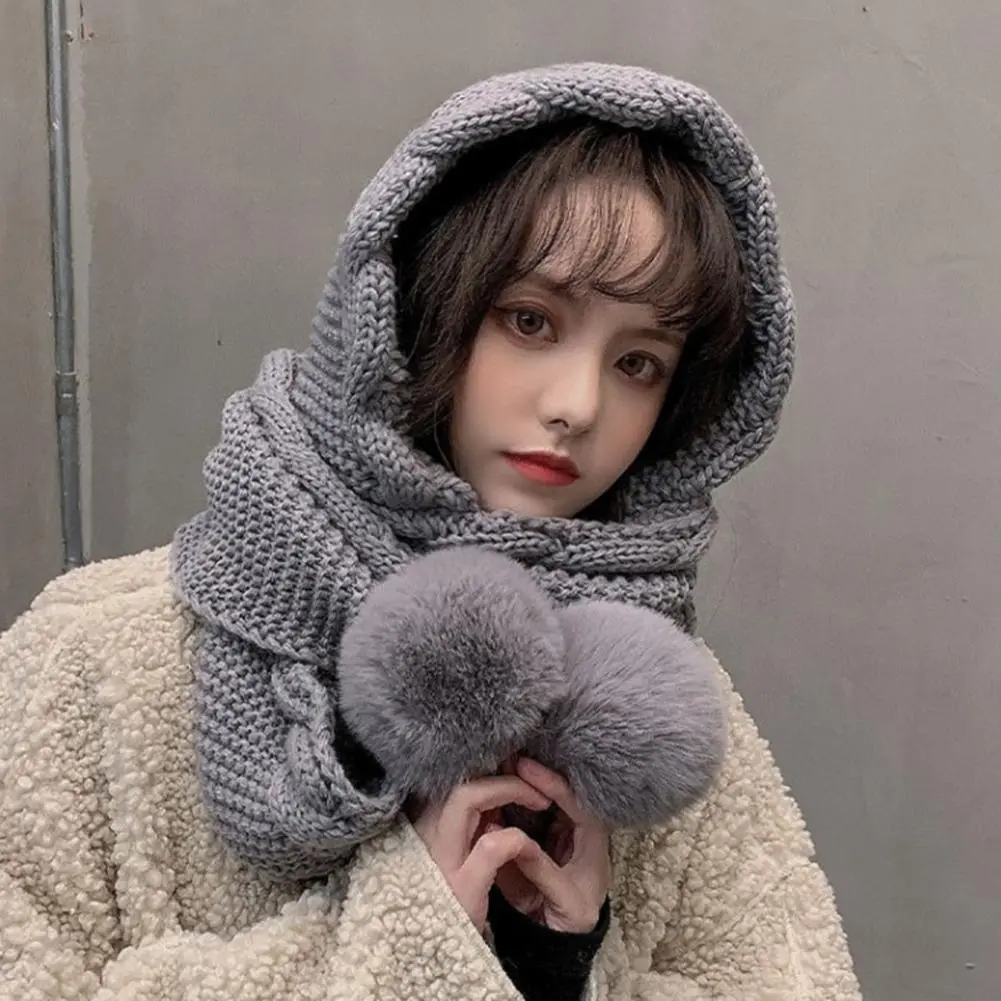 Twist Trim Knitted Scarf Hat Women Novelty Beanies Caps Plush Balls Decor Scarf Hat Casual Plush Hat Windproof Women Winter Caps