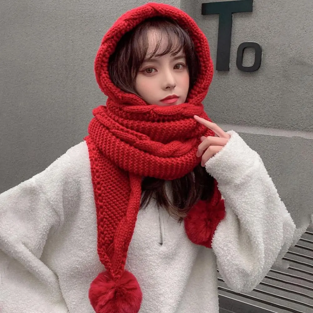 Twist Trim Knitted Scarf Hat Women Novelty Beanies Caps Plush Balls Decor Scarf Hat Casual Plush Hat Windproof Women Winter Caps