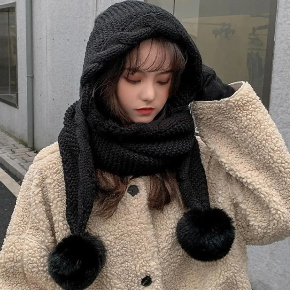 Twist Trim Knitted Scarf Hat Women Novelty Beanies Caps Plush Balls Decor Scarf Hat Casual Plush Hat Windproof Women Winter Caps