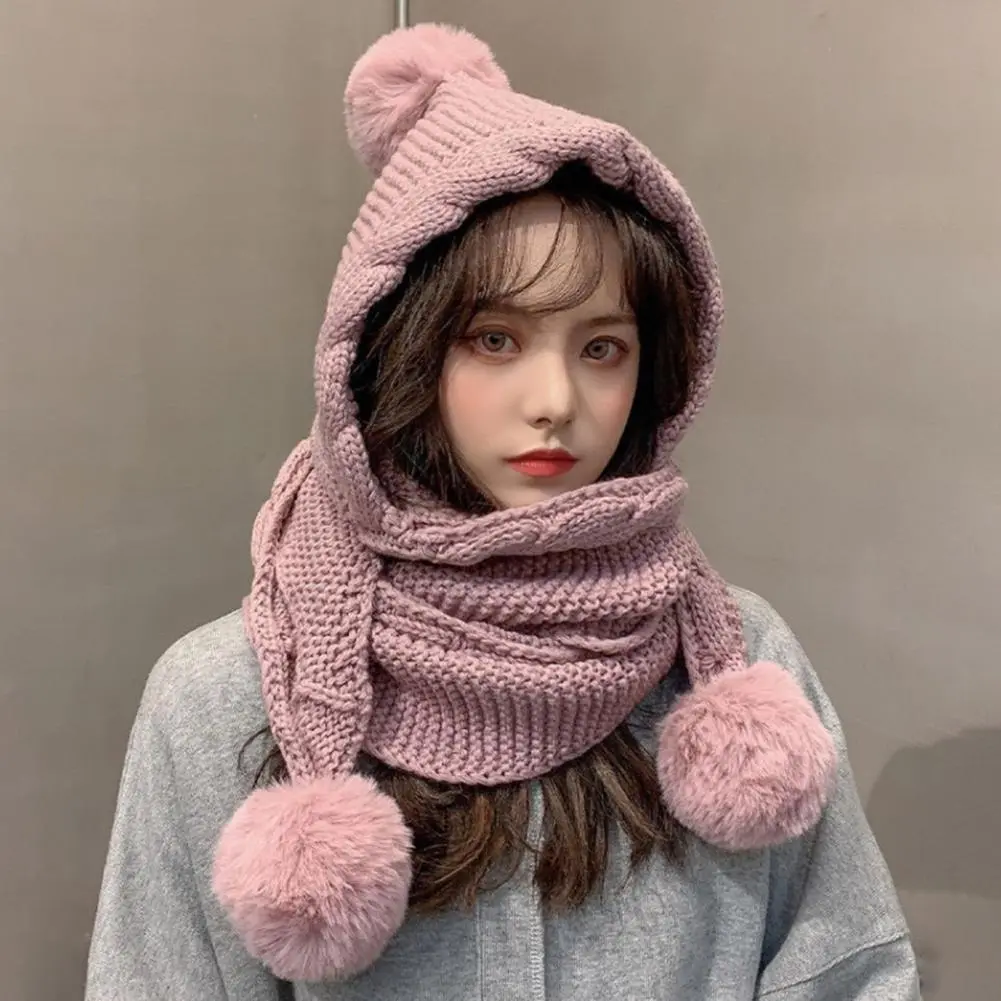 Twist Trim Knitted Scarf Hat Women Novelty Beanies Caps Plush Balls Decor Scarf Hat Casual Plush Hat Windproof Women Winter Caps