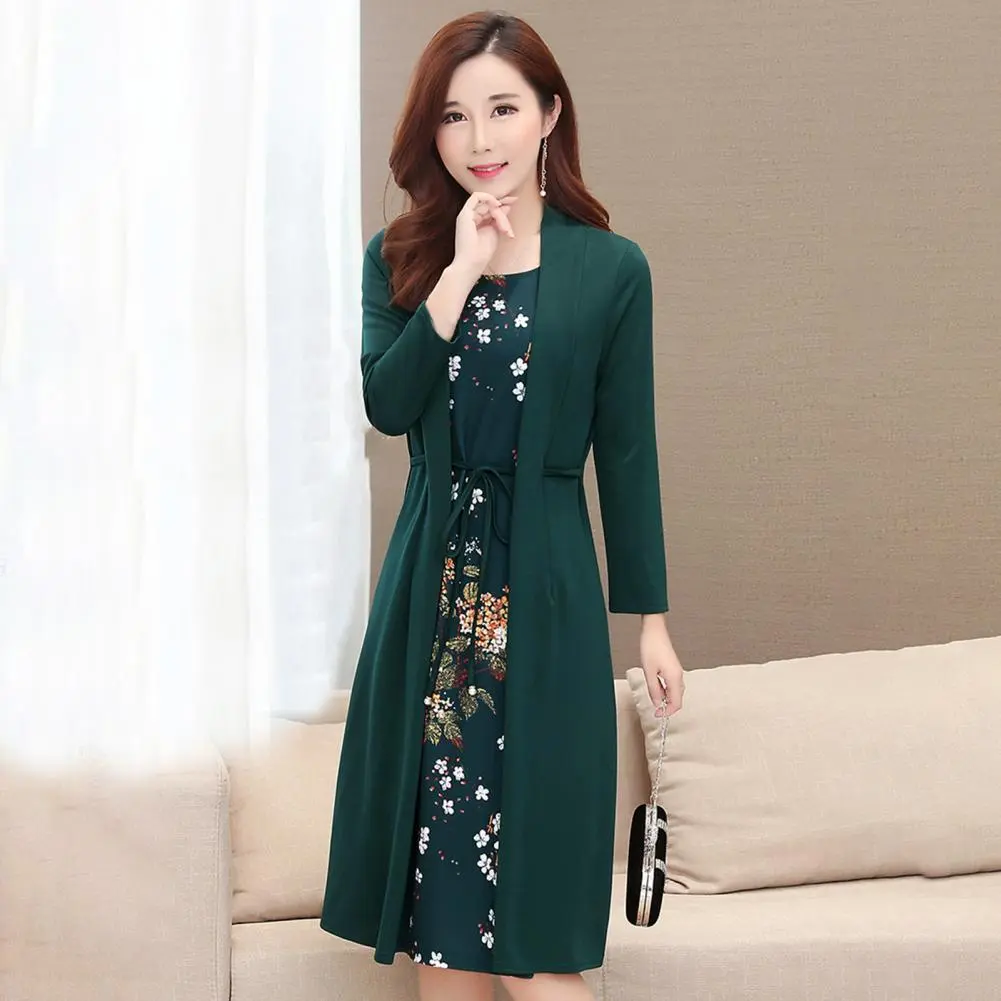 Women Dress Flower Print Fake Two Pieces Cardigan Midi Dress Long Sleeve Lace-up Waist Tight Autumn Midi Dress Two Piece Set