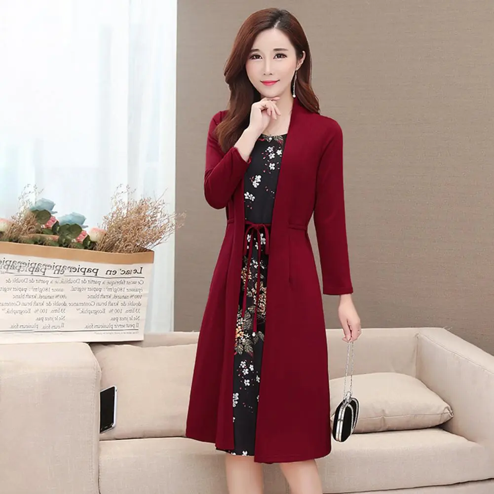 Women Dress Flower Print Fake Two Pieces Cardigan Midi Dress Long Sleeve Lace-up Waist Tight Autumn Midi Dress Two Piece Set