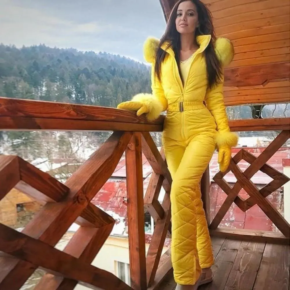 Women Fleece Skiing Jumpsuit Winter Outdoor Zipper Faux Fur Collar Hooded Warm Ski Suit Women One Piece Snowboard Winter Coat