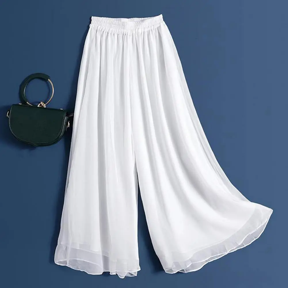 Double Layers Women Pants Flattering Leg Dance Pants Elastic High Waist Wide Leg Casual Pants Solid Color Loose Long Trousers