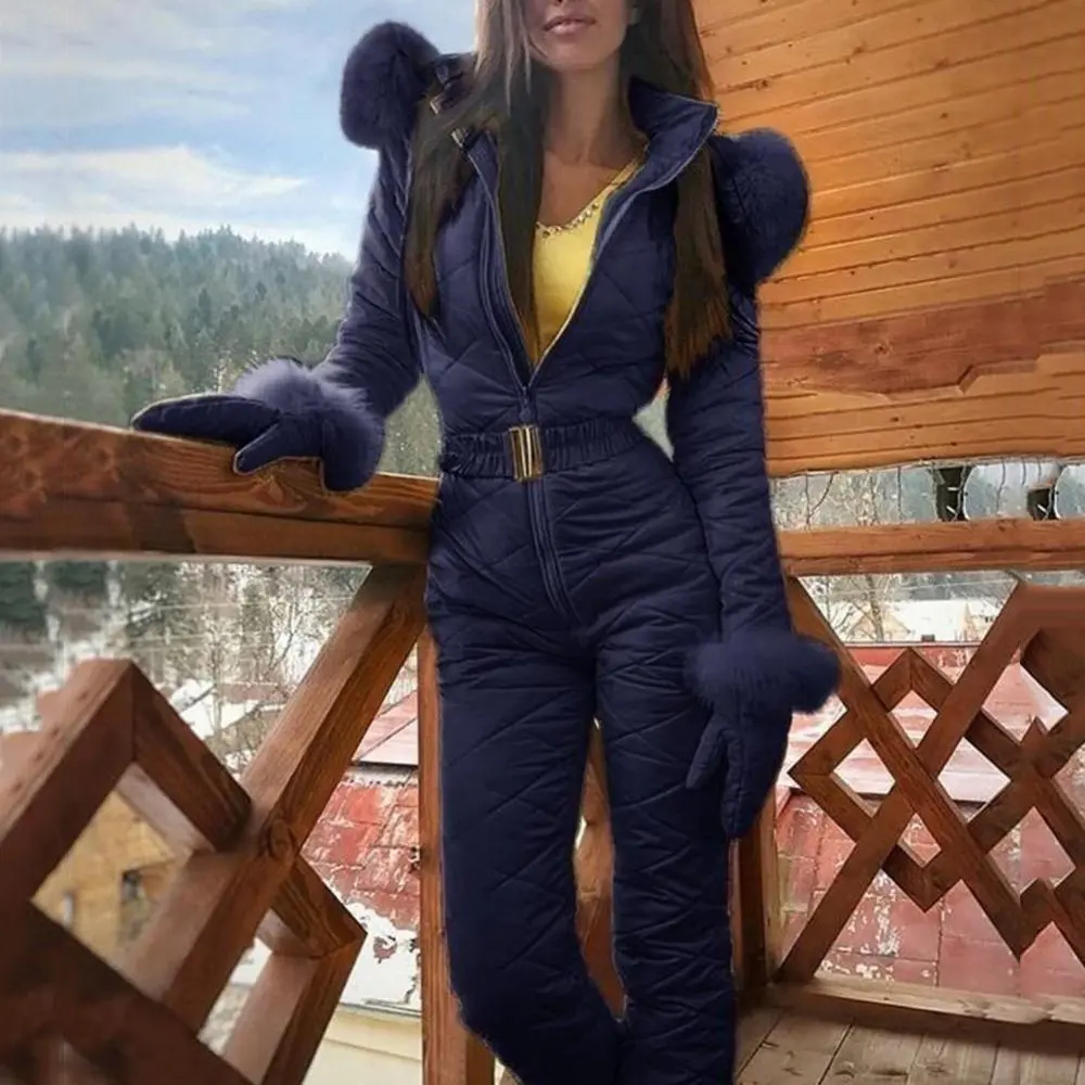 Women Fleece Skiing Jumpsuit Winter Outdoor Zipper Faux Fur Collar Hooded Warm Ski Suit Women One Piece Snowboard Winter Coat