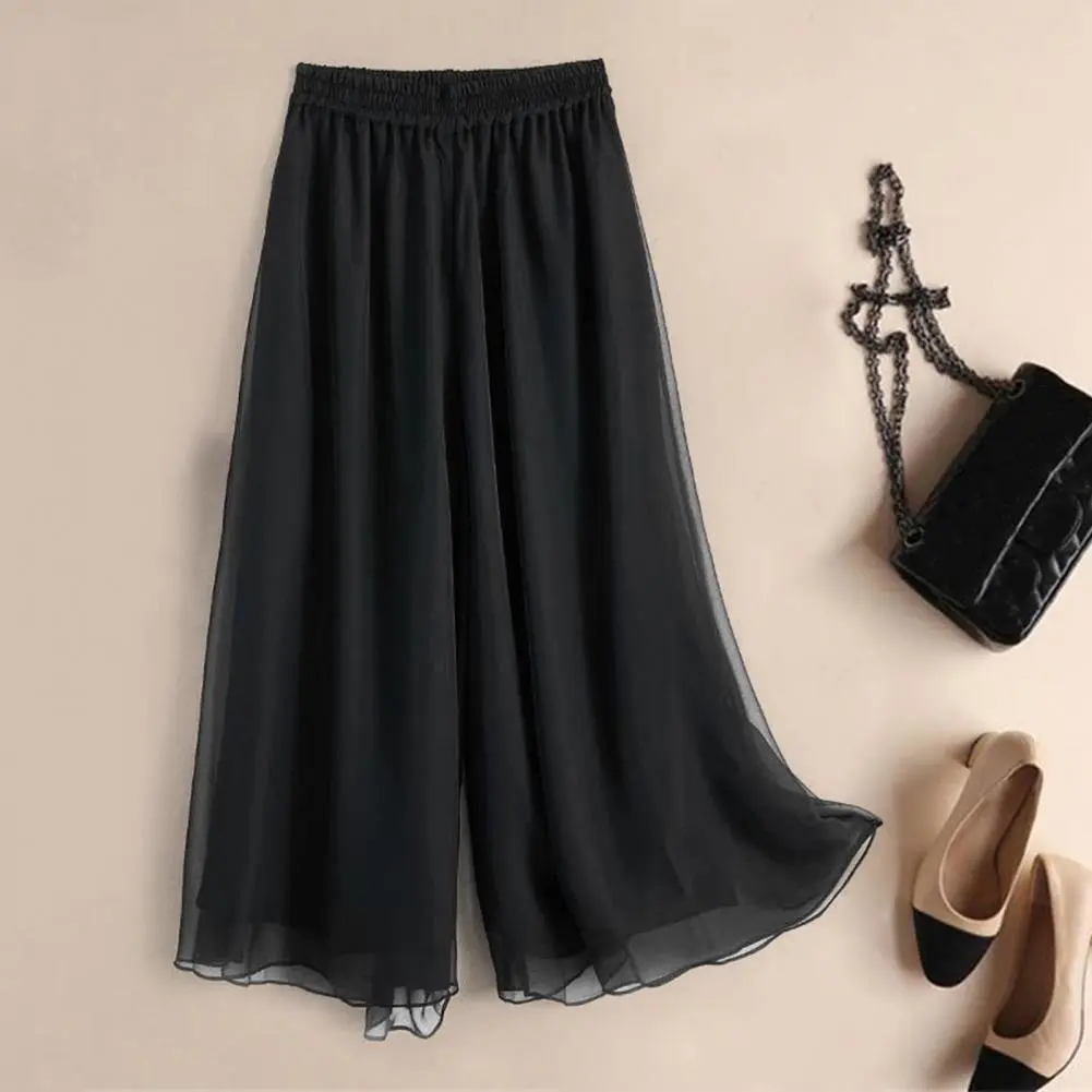 Double Layers Women Pants Flattering Leg Dance Pants Elastic High Waist Wide Leg Casual Pants Solid Color Loose Long Trousers