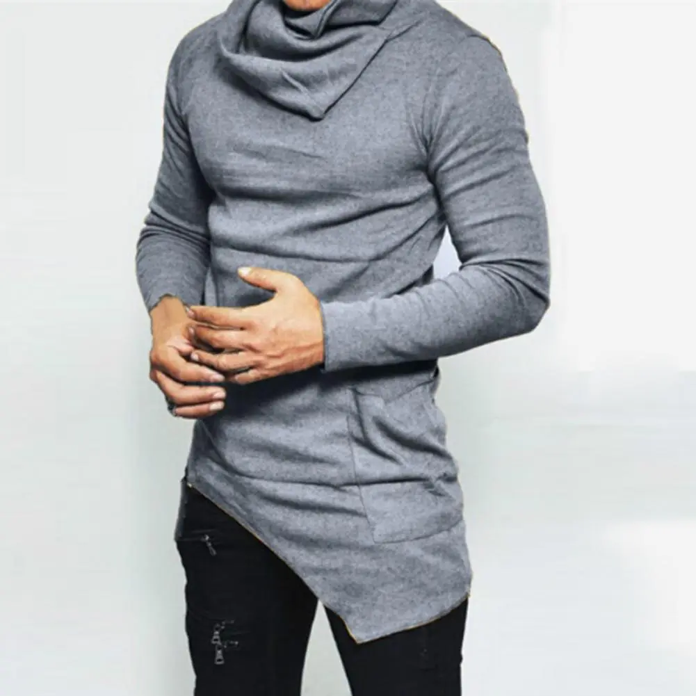 Pile-up Collar Oblique Hem Men Shirt Long Sleeve Irregular Long Sleeve Top Casual Pocket Men T-shirt Streetwear Spring Hoodies