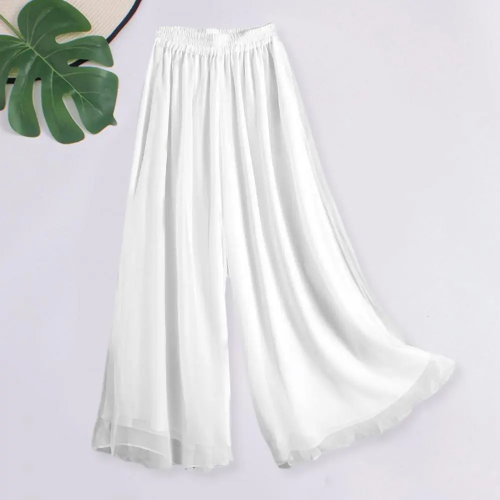 Double Layers Women Pants Flattering Leg Dance Pants Elastic High Waist Wide Leg Casual Pants Solid Color Loose Long Trousers