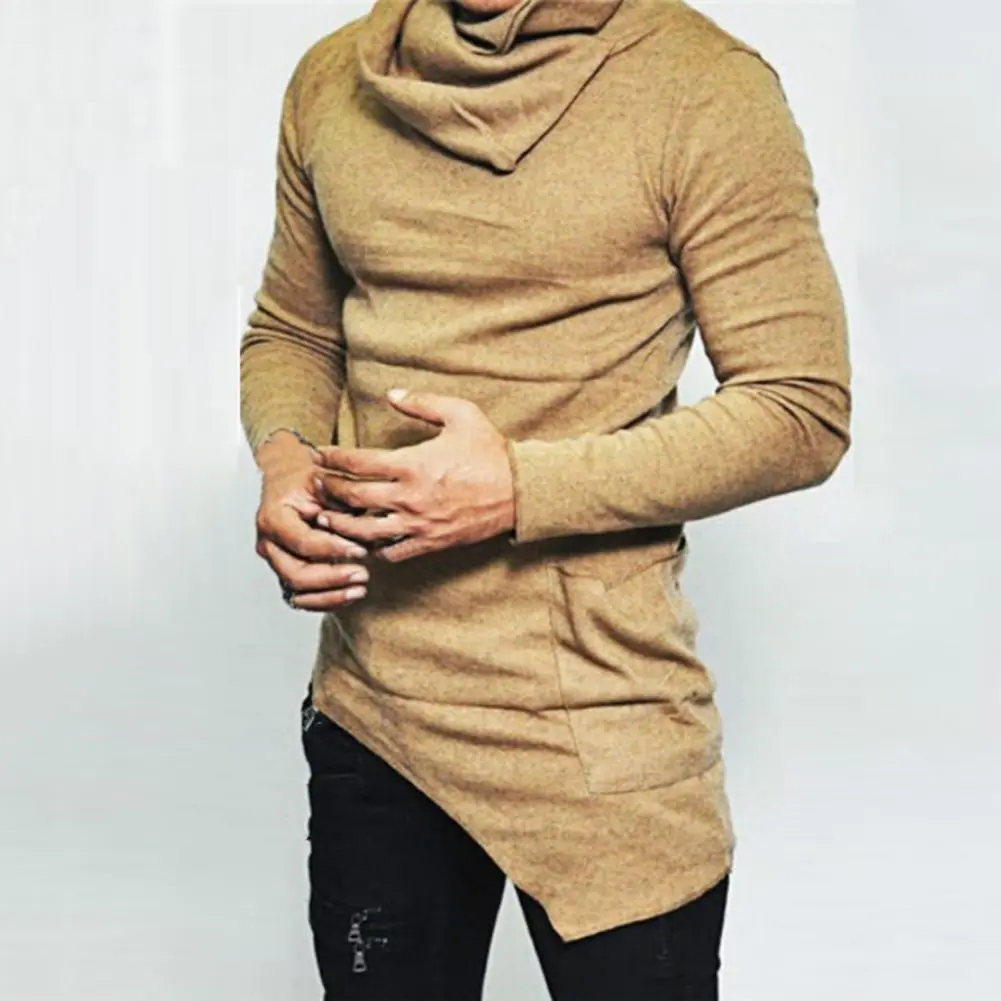 Pile-up Collar Oblique Hem Men Shirt Long Sleeve Irregular Long Sleeve Top Casual Pocket Men T-shirt Streetwear Spring Hoodies