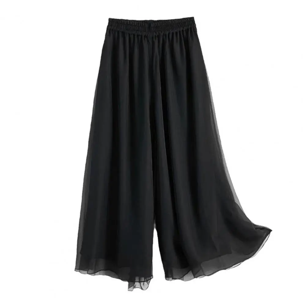 Double Layers Women Pants Flattering Leg Dance Pants Elastic High Waist Wide Leg Casual Pants Solid Color Loose Long Trousers