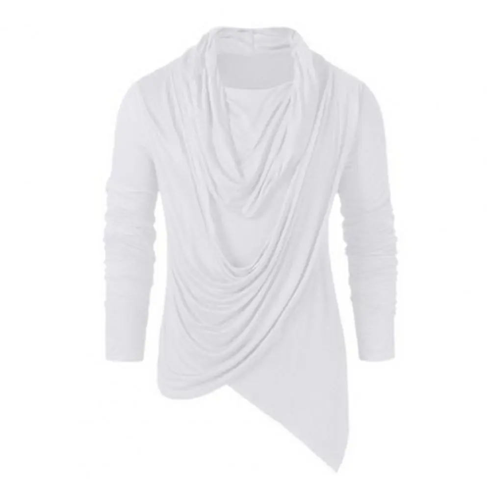 Retro Asymmetrical Piled Neck Men Shirt Long Sleeve Men T-shirt Pure Color Anti-shrink Men Shirt Base Tops Autumn Sweatshirt