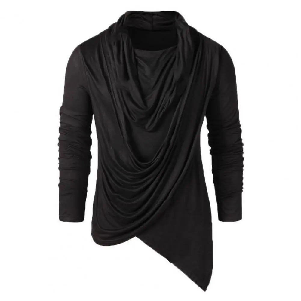 Retro Asymmetrical Piled Neck Men Shirt Long Sleeve Men T-shirt Pure Color Anti-shrink Men Shirt Base Tops Autumn Sweatshirt