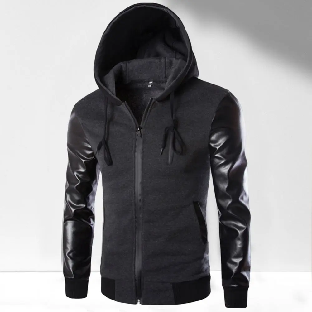 Leather Patchwork Men Jacket Spring Autumn Men Jacket Faux Leather Sleeve Patchwork Slim Fit Windbreaker Men Hoodie Jacket Coat