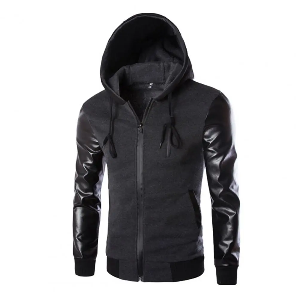 Leather Patchwork Men Jacket Spring Autumn Men Jacket Faux Leather Sleeve Patchwork Slim Fit Windbreaker Men Hoodie Jacket Coat