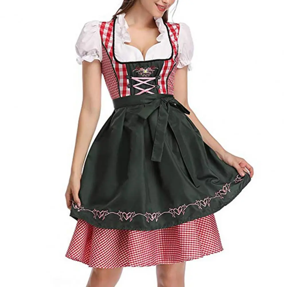 2025 Women Beer Dress Square Collar Puff Sleeve Ruffle Trim Plaid Apron Decor Maid Costume Traditional Beer Festival Midi Dress