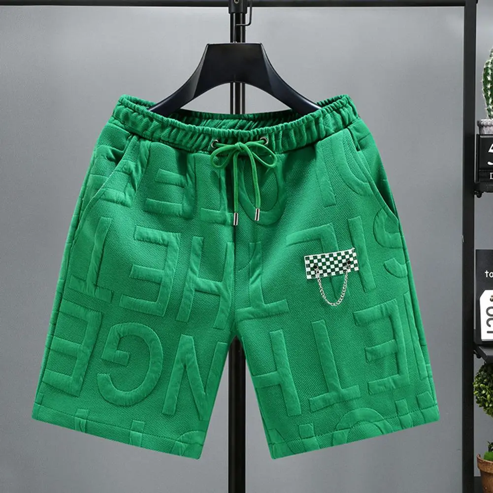 Letters Chain Decoration Shorts Or Men Fashion Knitted Shorts Men Elastic Waist Breathable Short Trousers Casual Sports Pants