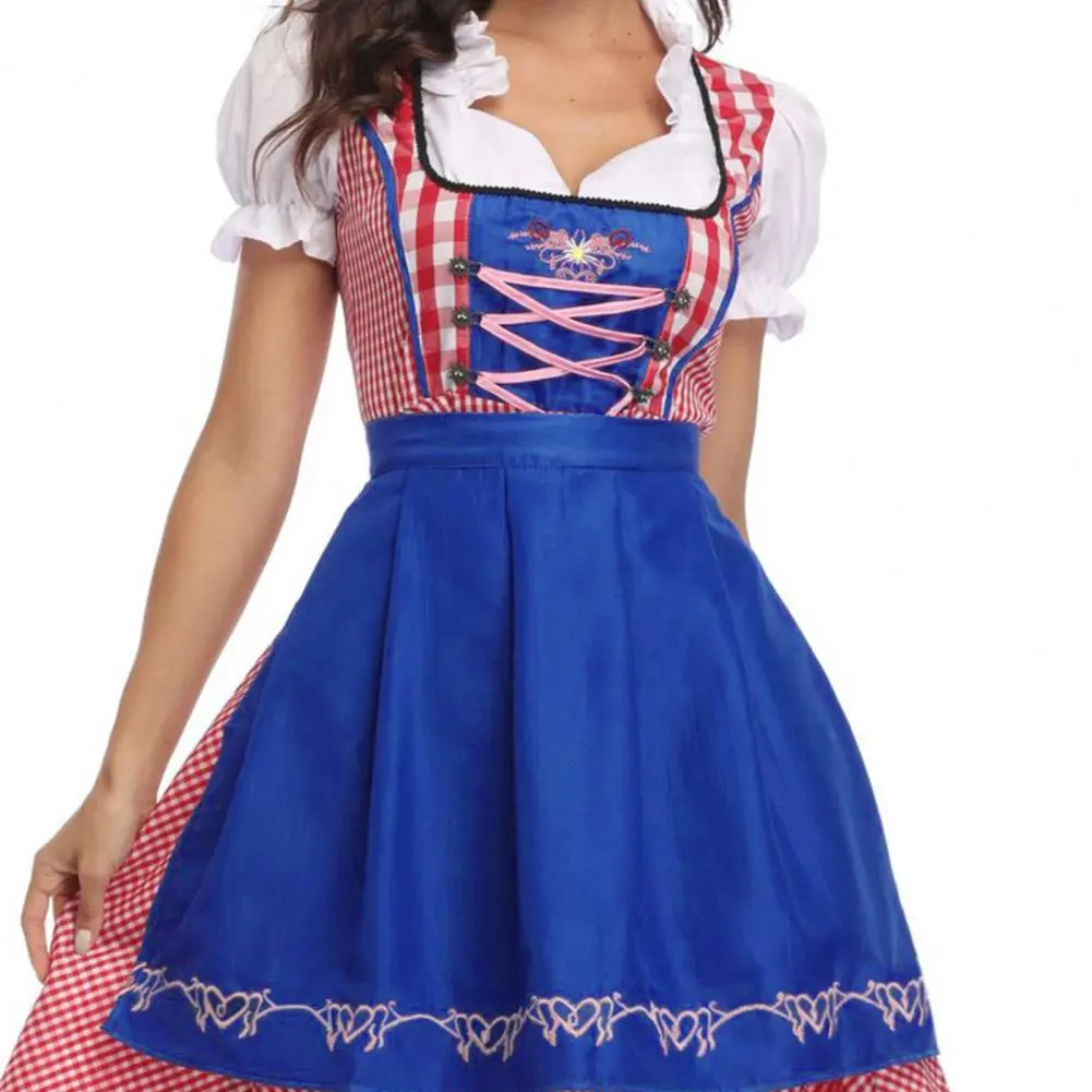 2025 Women Beer Dress Square Collar Puff Sleeve Ruffle Trim Plaid Apron Decor Maid Costume Traditional Beer Festival Midi Dress