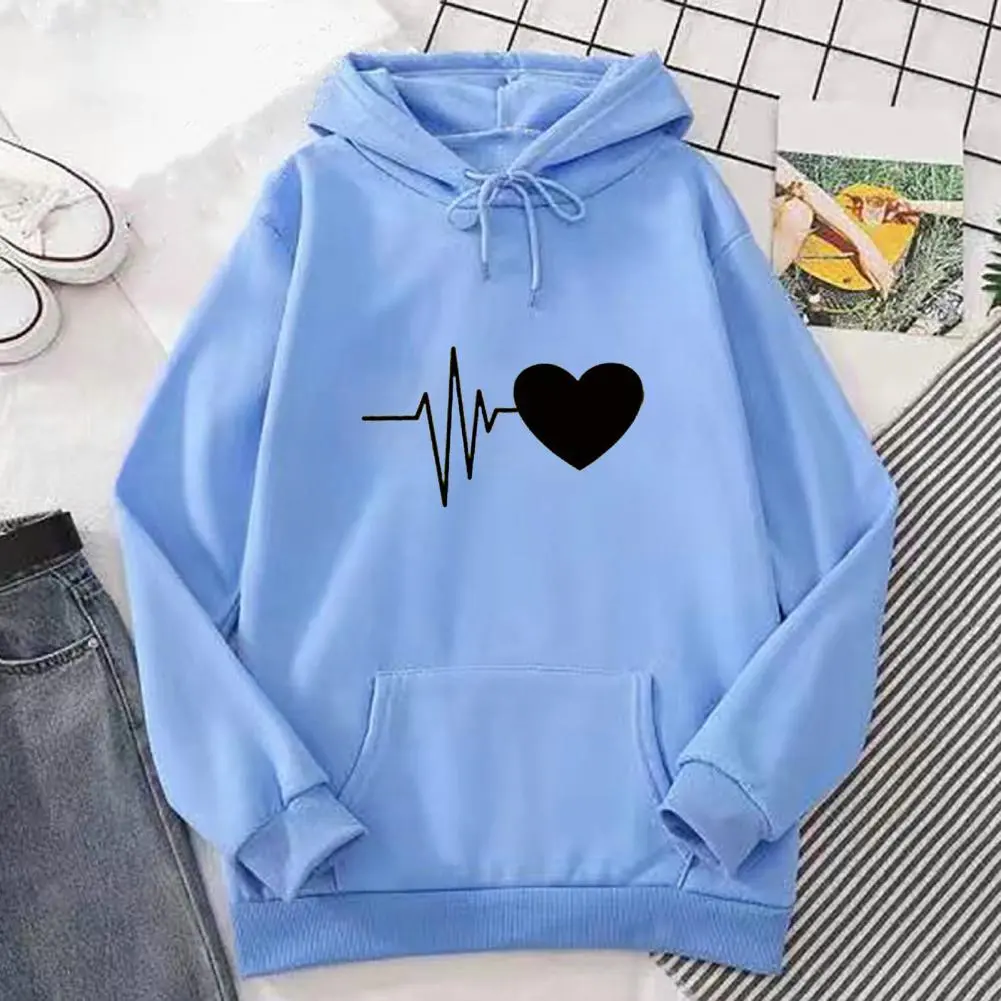 2025 Unisex Fall Winter Hoodie Heart Print Hooded Loose Drawstring Pullover Thick Plush Warm Big Patch Pocket Casual Hoodie
