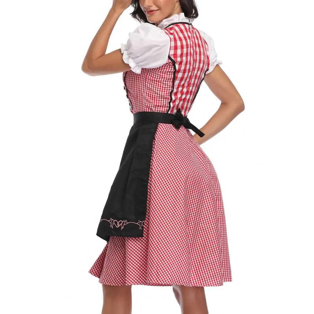 2025 Women Beer Dress Square Collar Puff Sleeve Ruffle Trim Plaid Apron Decor Maid Costume Traditional Beer Festival Midi Dress